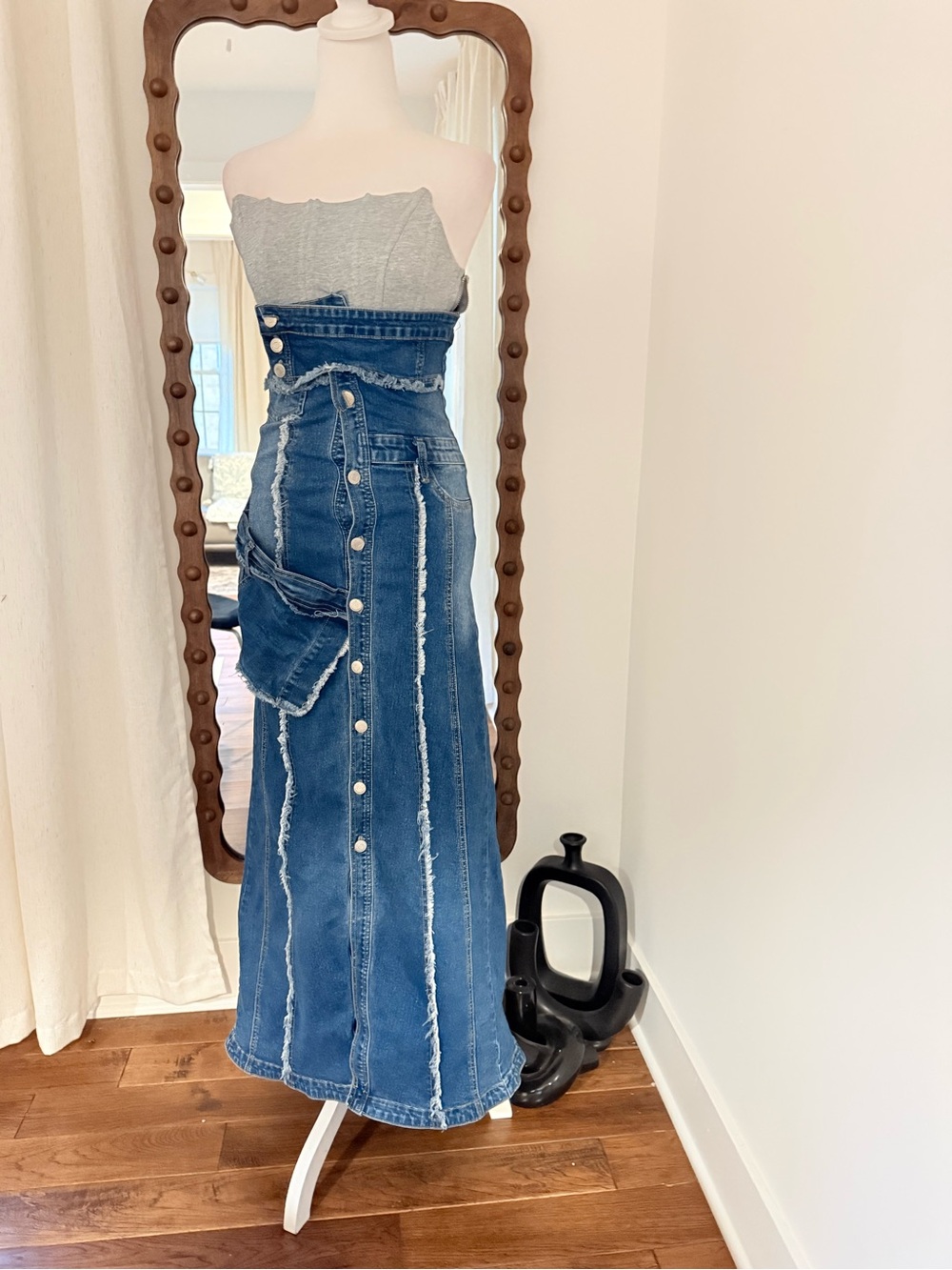 High-Waist Button-Front Denim Maxi dress in Blue